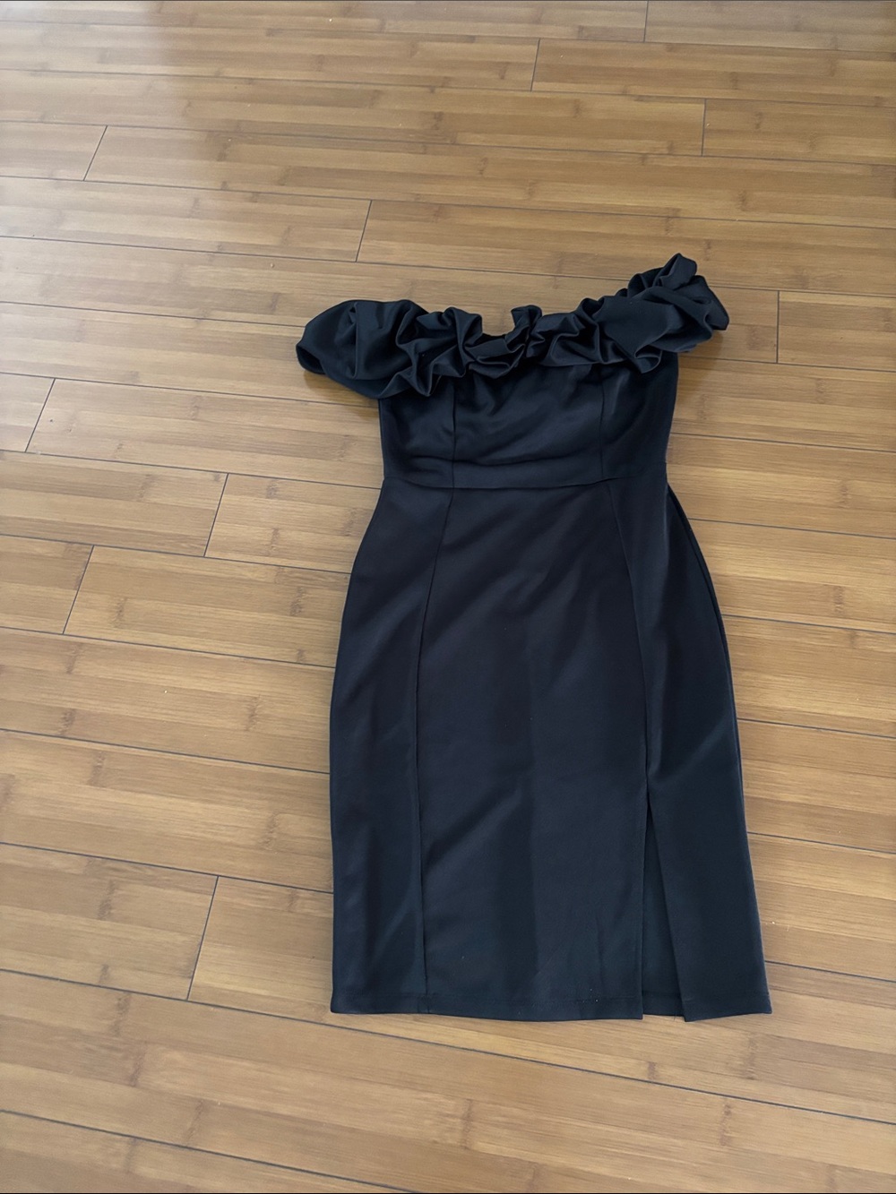 Symphony Black One-Shoulder Ruffle Midi Dress